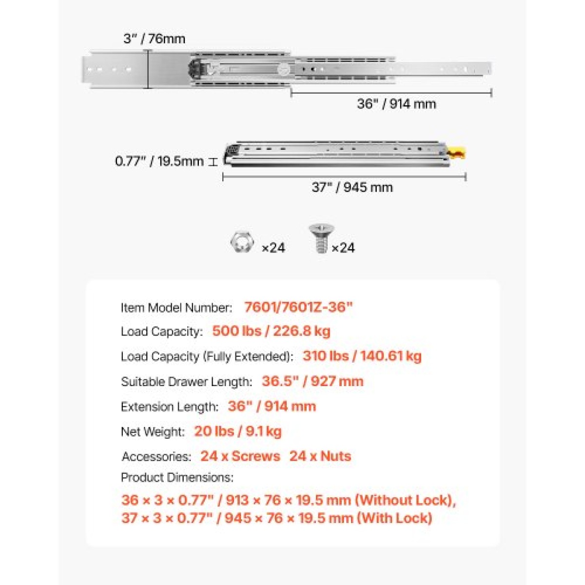 VEVOR 1 Pair Full Extension Slides συρταριών 16 18 20 24 30 35 37.4 59 24 32 36 40 48 60 in, 500 lbs Load Capacity Locking Slides συρταριών, ρουλεμάν με Lock Side Raunt Drlideil