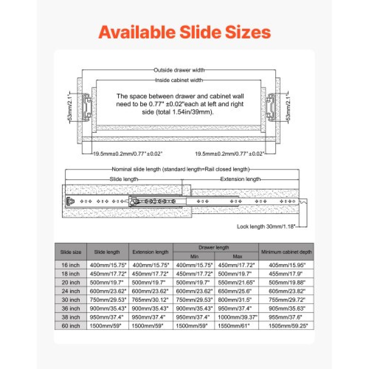 VEVOR 1 Pair Full Extension Slides συρταριών 16 18 20 24 30 35 37.4 59 24 32 36 40 48 60 in, 250 lbs Load Capacity Locking Slides συρταριών, ρουλεμάν με πλευρική βάση κλειδαριάς Drlideil