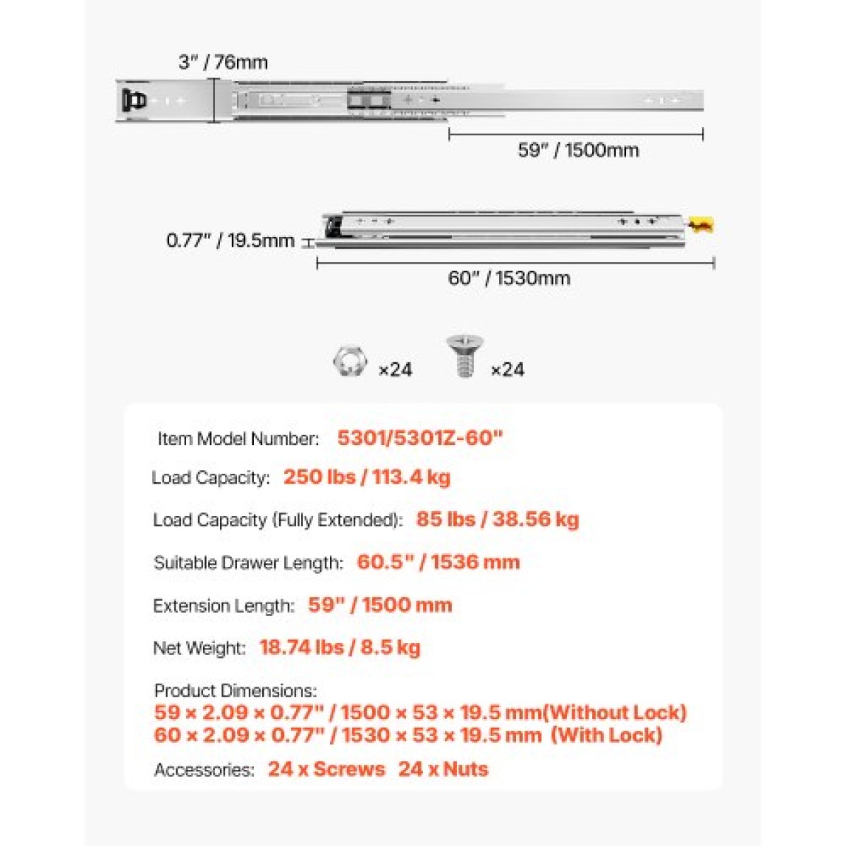 VEVOR 1 Pair Full Extension Slides συρταριών 16 18 20 24 30 35 37.4 59 24 32 36 40 48 60 in, 250 lbs Load Capacity Locking Slides συρταριών, ρουλεμάν με πλευρική βάση κλειδαριάς Drlideil