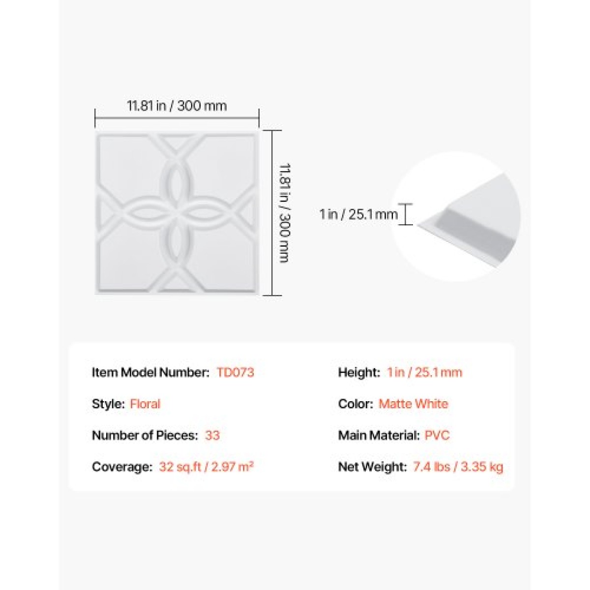 VEVOR 3D πάνελ τοίχου, 33-συσκευασία 11,81 x 11,81 σε PVC μοντέρνας τέχνης μινιμαλιστικά πλακάκια λουλουδιών, 32 τετραγωνικά μέτρα κάλυψης πάνελ τοίχου, εσωτερική διακόσμηση σπιτιού για οροφή, υπνοδωμάτιο, σαλόνι και gaming δωμάτιο, λευκό ματ