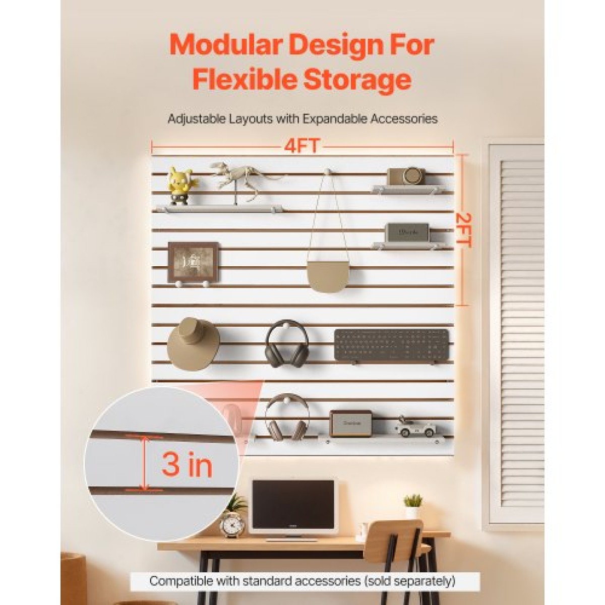 Επένδυση τοίχου VEVOR slat, 4 x 4 ft, MDF Slatwall Garage με αρθρωτή σχεδίαση, Λευκό slat Wall Εύκολη εγκατάσταση, ρυθμιζόμενο πάνελ slatwall με δομή ζεύξης & κοπή DIY, Ταιριάζει για αποθήκευση και οθόνη