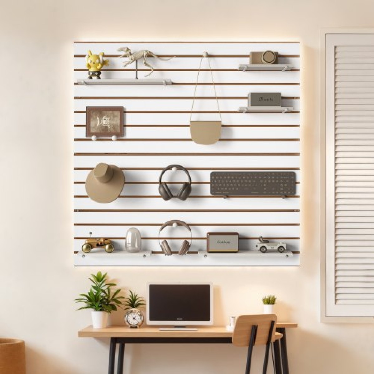 Επένδυση τοίχου VEVOR slat, 4 x 4 ft, MDF Slatwall Garage με αρθρωτή σχεδίαση, Λευκό slat Wall Εύκολη εγκατάσταση, ρυθμιζόμενο πάνελ slatwall με δομή ζεύξης & κοπή DIY, Ταιριάζει για αποθήκευση και οθόνη