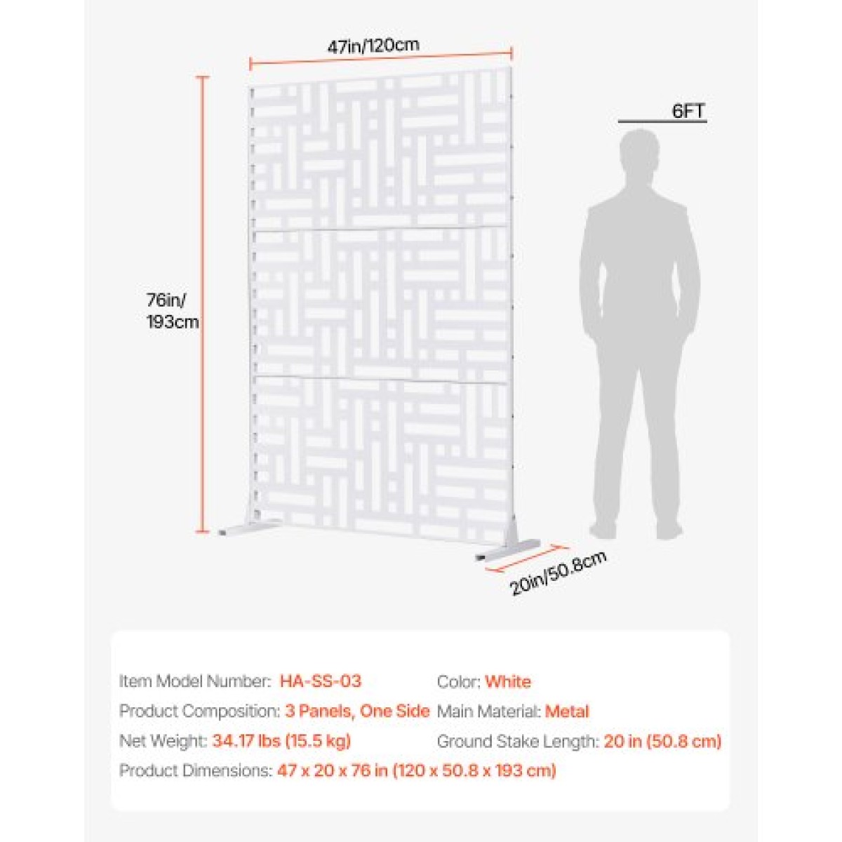 VEVOR Metal Privacy Screen, 47" W x 76" H Εξωτερικές Οθόνες Προστασίας Προσωπικών Δεδομένων 3 πάνελ, Ανεξάρτητο διαχωριστικό εξωτερικού χώρου με βάση, Διακοσμητικός ατσάλινος φράχτης κήπου Privacy για Μπαλκόνι Αίθριο Εσωτερικό Υδρομασάζ Λευκό