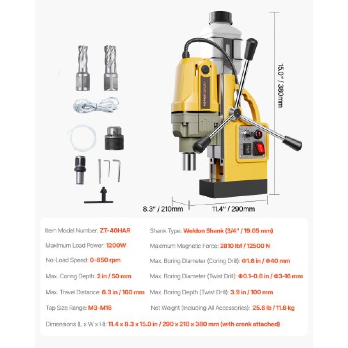 VEVOR Magnetic Drill, 1200W Motor 1.6 in Boring Diameter, 2810 lbf Electric Mag Drill Press, with 2 Coring Bits, Variable Speed, Drilling Machine for Metal Surface, Home Improvement Industry, Yellow