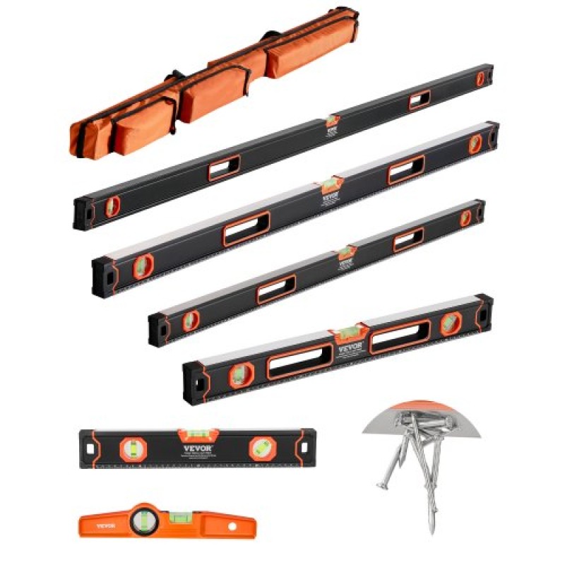 VEVOR 6-Piece Torpedo Level, 78/48/32/24/16/10 Inch All Magnetic Levels Set, Bubble Vials Ruler for 45/90/180 Degree, Magnetic Box Leveler Tool, Shock-Resistance, SAE και Metric Scale