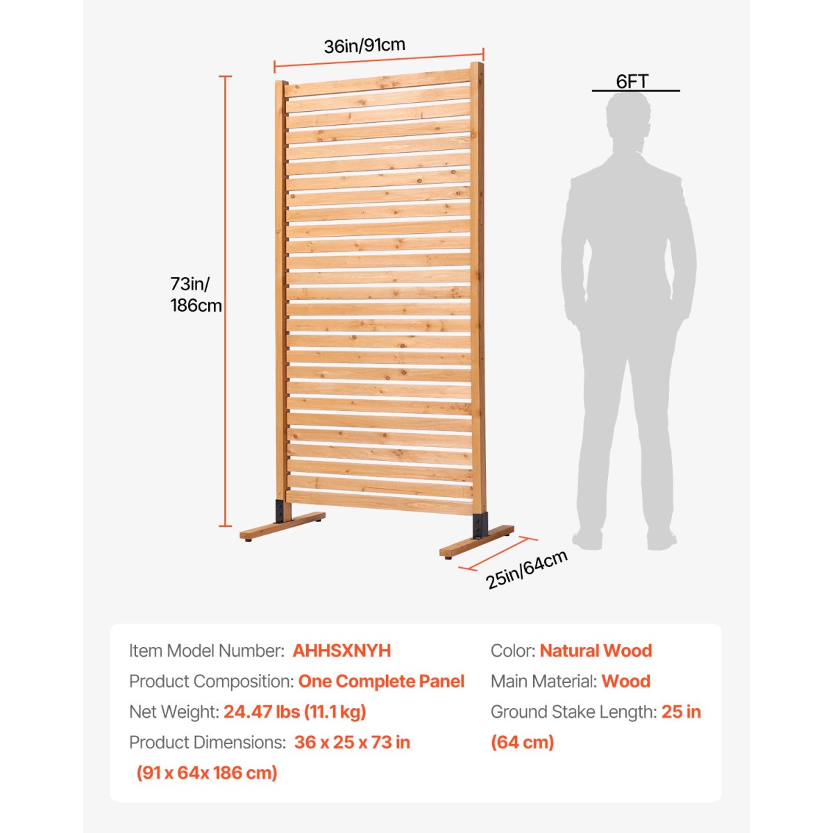 VEVOR Wooden Privacy Screen, 36" W x 76" H Outdoor Privacy Screen, Freestanding Wood Privacy Panel with Stand, Διακοσμητικό Patio Privacy Screen, Outdoor Divider for Balcony Patio Lawn Garden