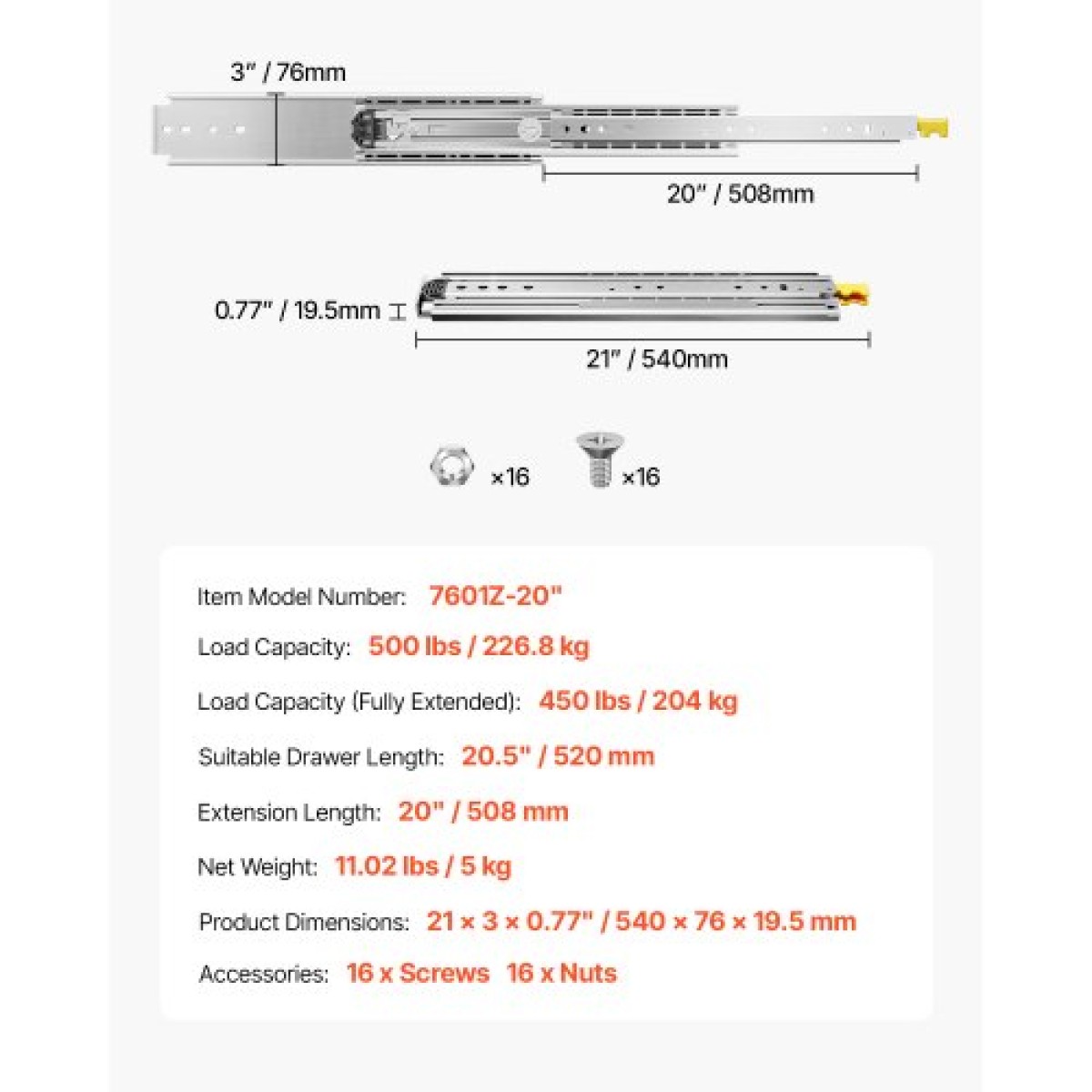 VEVOR 1 Pair Full Extension Slides συρταριών 18 20 22 28 30 32 36 38 40 44 48 52 56 60 in, 500 lbs Χωρητικότητα φορτίου Κλείδωμα συρταριών συρταριών, ρουλεμάν με πλευρική βάση κλειδαριάς Drail