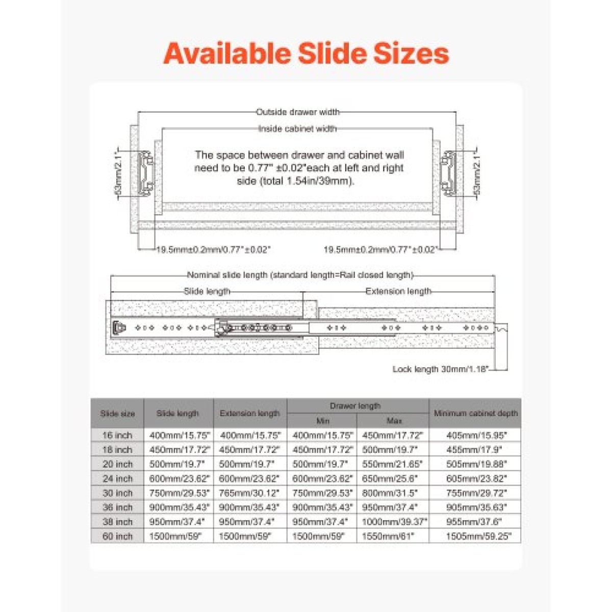 VEVOR 1 Pair Full Extension Slides συρταριών 16 18 20 24 30 35 37.4 59 24 32 36 40 48 60 in, 250 lbs Load Capacity Locking Slides συρταριών, ρουλεμάν με πλευρική βάση κλειδαριάς Drlideil