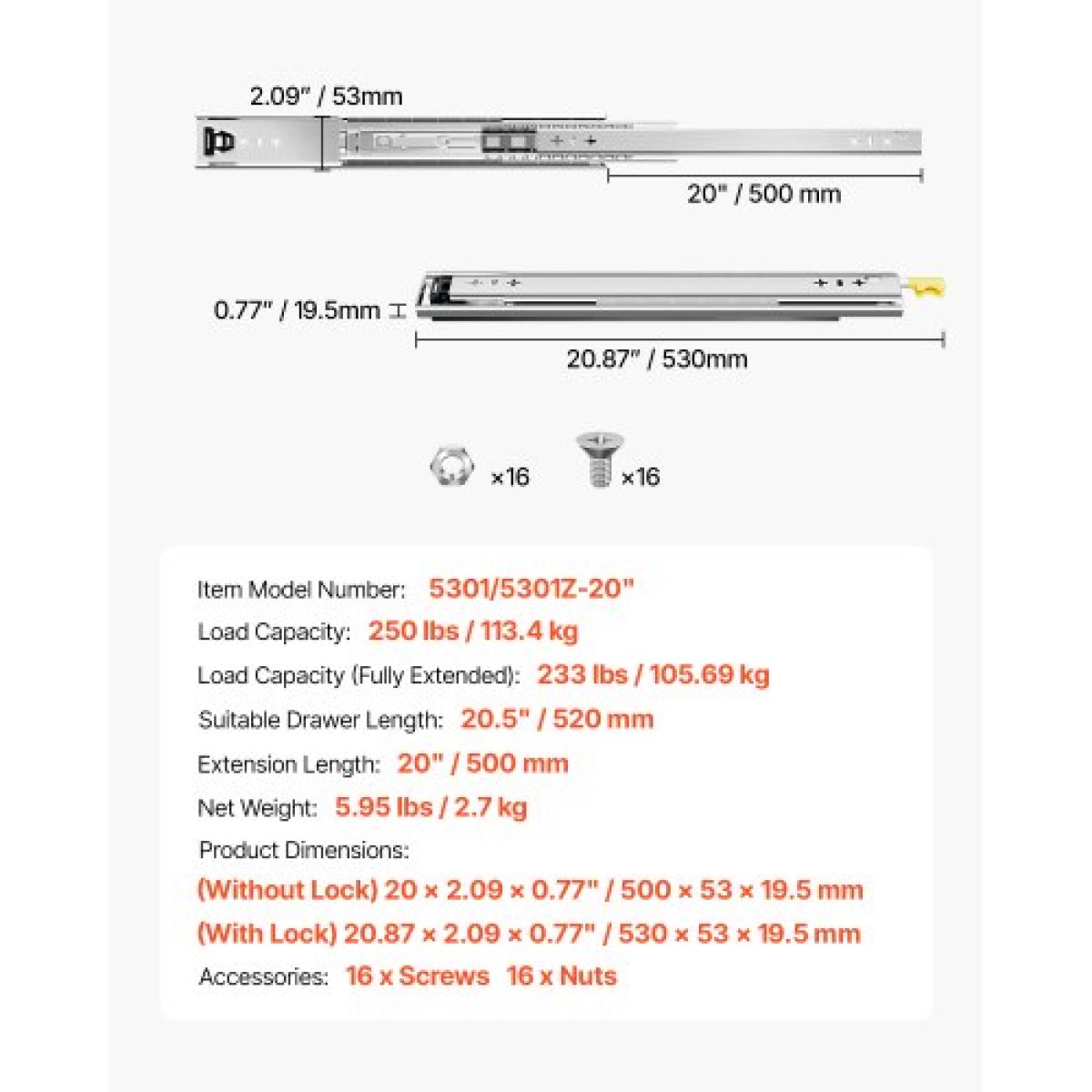 VEVOR 1 Pair Full Extension Slides συρταριών 16 18 20 24 30 35 37.4 59 24 32 36 40 48 60 in, 250 lbs Load Capacity Locking Slides συρταριών, ρουλεμάν με πλευρική βάση κλειδαριάς Drlideil