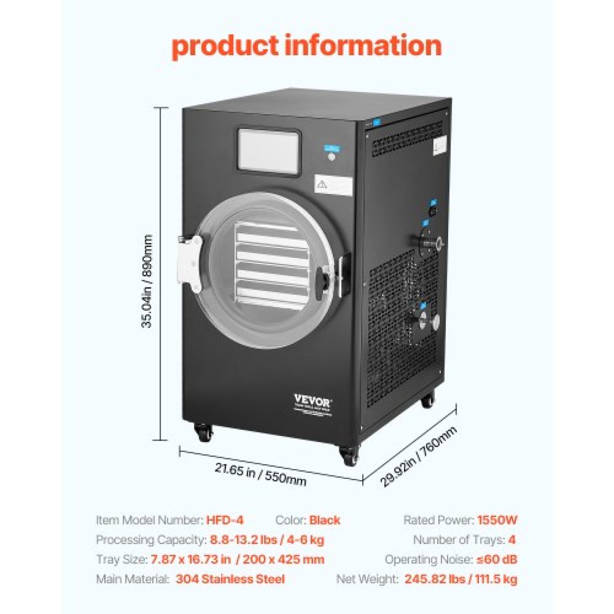 VEVOR Vacuum Freeze Dryer Machine, 8.8-13.2 LBS/Batch Food Freeze Drying Machine με δίσκους 4 στρώσεων, αντλία κενού, ρυθμιζόμενο χρονόμετρο και έλεγχο θερμοκρασίας, για φρούτα λαχανικά κρέας, μαύρο