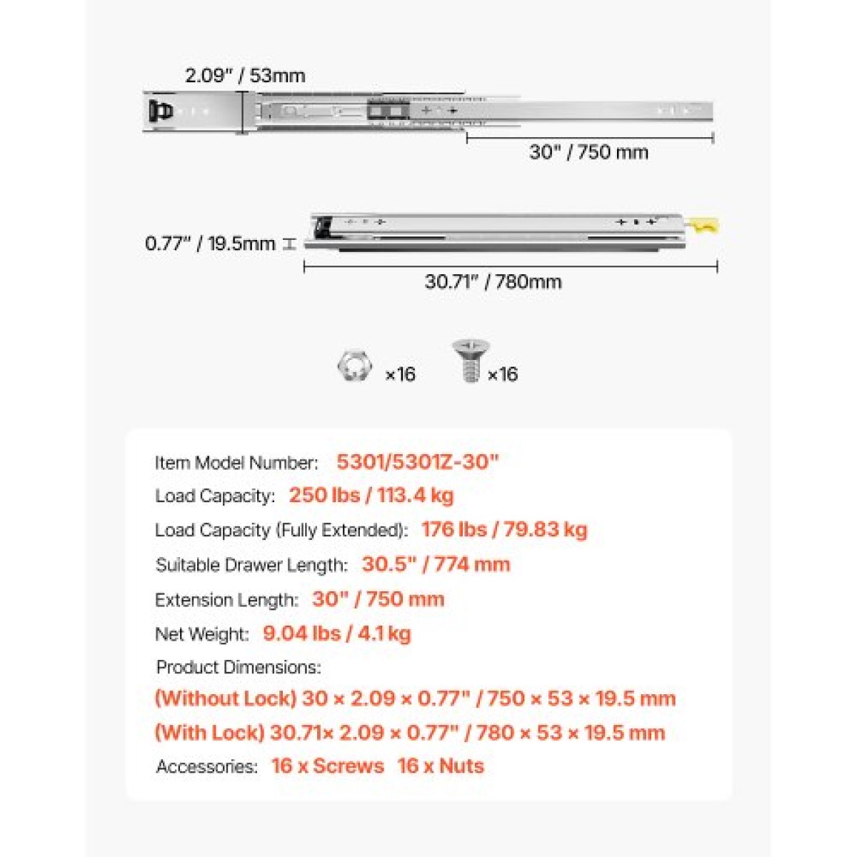 VEVOR 1 Pair Full Extension Slides συρταριών 16 18 20 24 30 35 37.4 59 24 32 36 40 48 60 in, 250 lbs Load Capacity Locking Slides συρταριών, ρουλεμάν με πλευρική βάση κλειδαριάς Drlideil