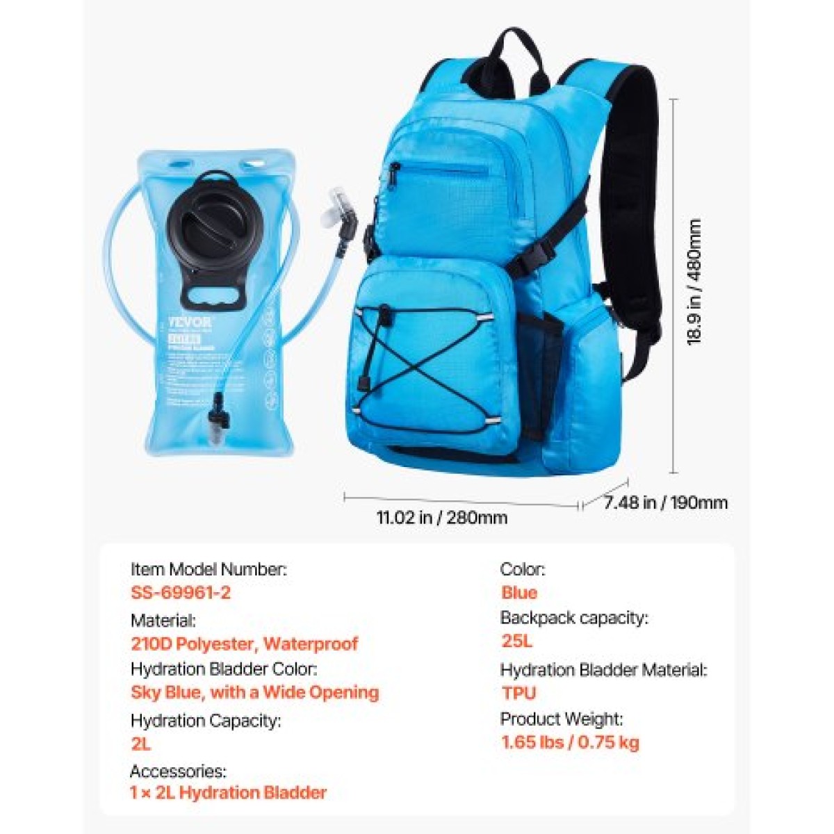 Σακίδιο πλάτης VEVOR Hydration, 25L Insulated Hydration Pack Σακίδιο πλάτης με 2L TPU Water Bladder, Hiking Water Backpack with Storage για άνδρες Γυναίκες, Hydro Water Daypack για Πεζοπορία Running Ποδηλασία Κάμπινγκ