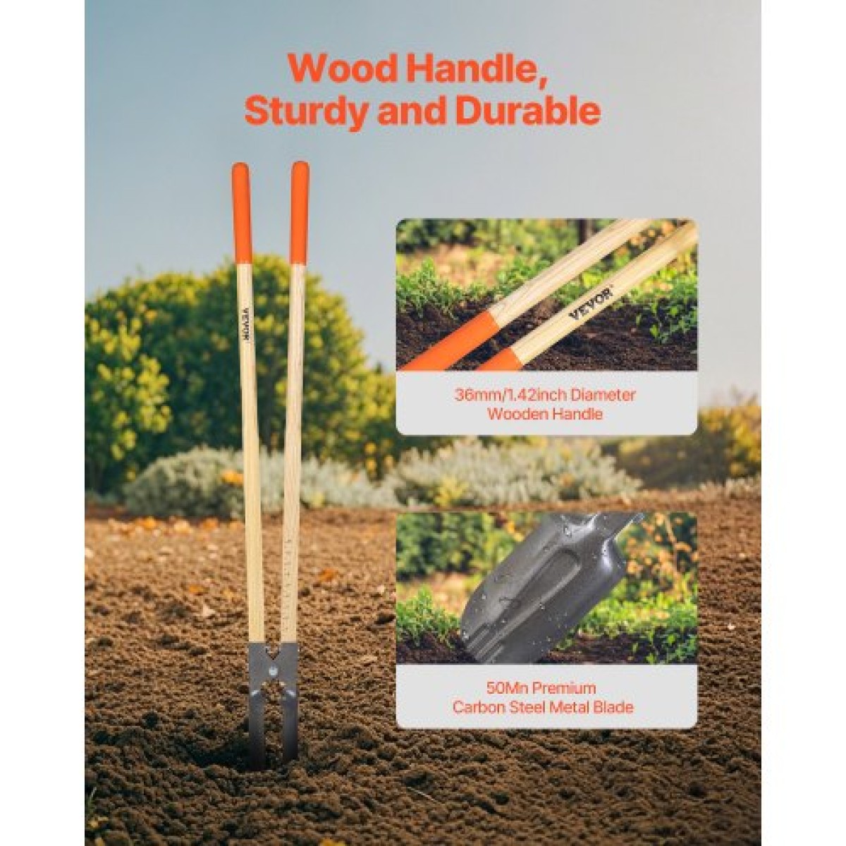 VEVOR Post Hole Digger, Heavy Duty Post Hole Digger με ξύλινη λαβή, Manual Hole Digger με σήμανση κλίμακας και μεταλλική λεπίδα, Post Hole Digger Tool for Digging Yard Work Gardening Outdoor, 57,5 ​​ιντσών