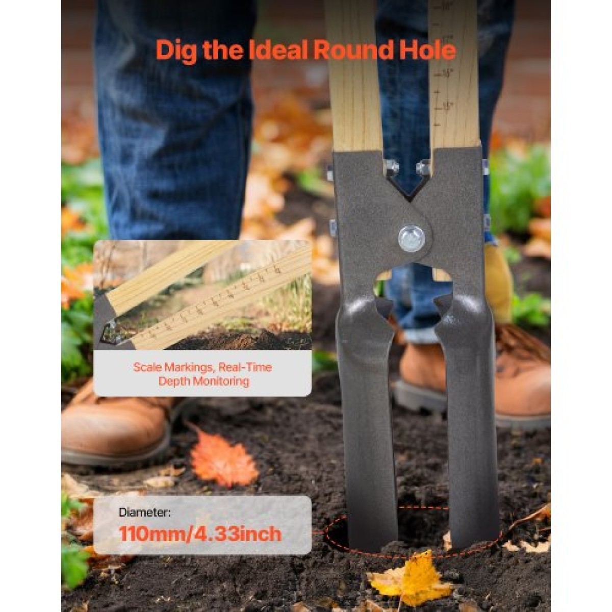 VEVOR Post Hole Digger, Heavy Duty Post Hole Digger με ξύλινη λαβή, Manual Hole Digger με σήμανση κλίμακας και μεταλλική λεπίδα, Post Hole Digger Tool for Digging Yard Work Gardening Outdoor, 57,5 ​​ιντσών