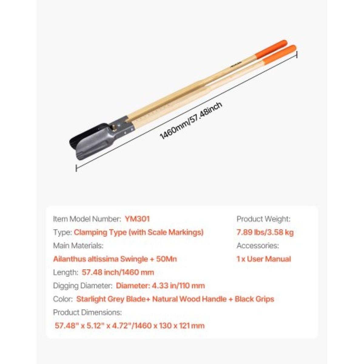 VEVOR Post Hole Digger, Heavy Duty Post Hole Digger με ξύλινη λαβή, Manual Hole Digger με σήμανση κλίμακας και μεταλλική λεπίδα, Post Hole Digger Tool for Digging Yard Work Gardening Outdoor, 57,5 ​​ιντσών