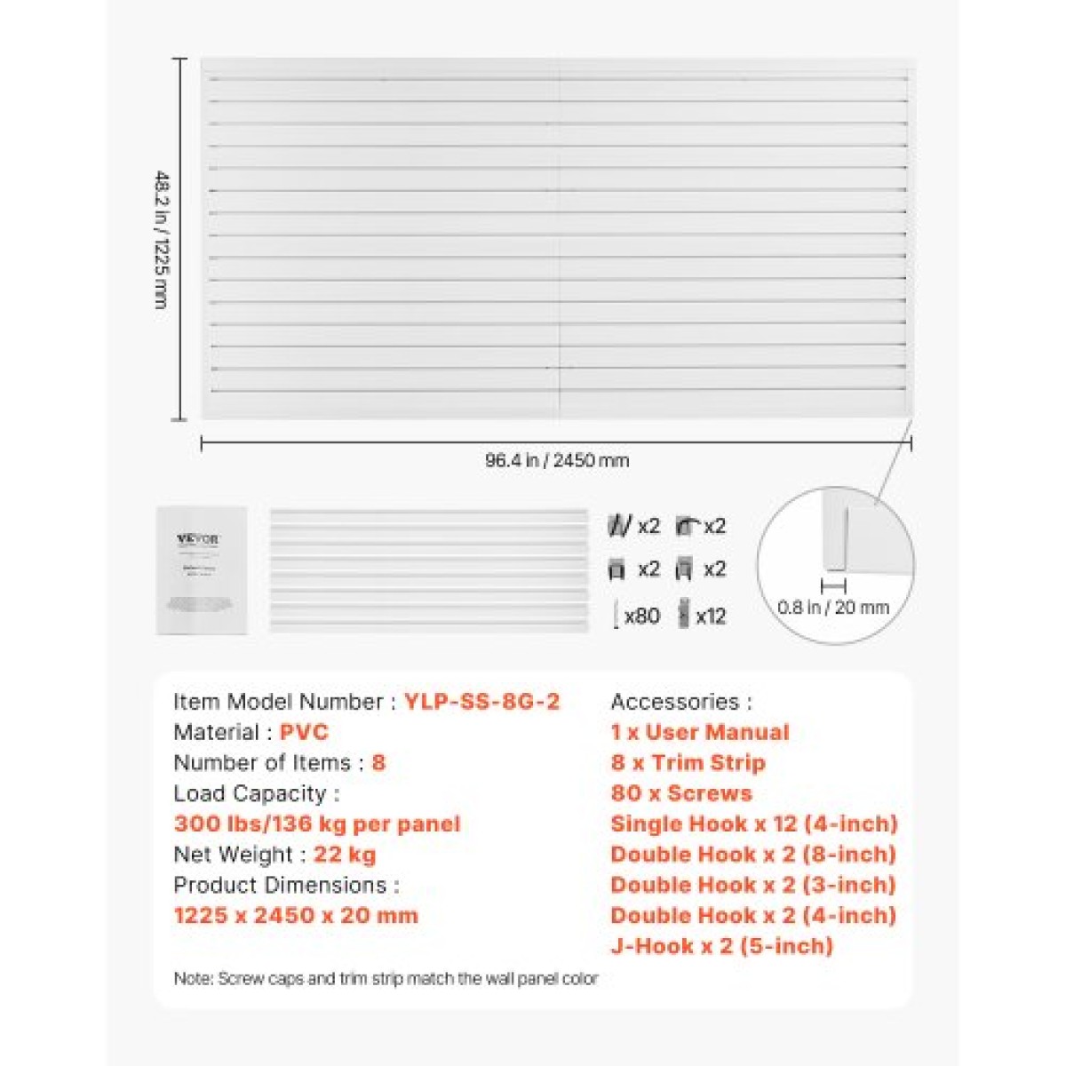 Επένδυση τοίχου VEVOR slat, 8 x 4 ft, PVC πλάκα γκαράζ με αξεσουάρ, λευκή πλάκα τοίχου Εύκολη εγκατάσταση, ρυθμιζόμενο πάνελ πλάκας με δομή ζεύξης & κοπή DIY, Ταιριάζει για αποθήκευση και οθόνη