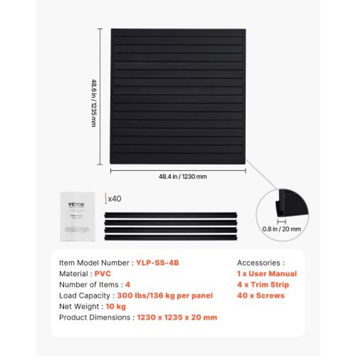 Επένδυση τοίχου VEVOR slat, 4 x 4 ft, PVC slatwall γκαράζ με αρθρωτή σχεδίαση, μαύρη πλάκα τοίχου Εύκολα στην εγκατάσταση, ρυθμιζόμενο πάνελ slatwall με δομή ζεύξης & κοπή DIY, Ταιριάζει για αποθήκευση και οθόνη