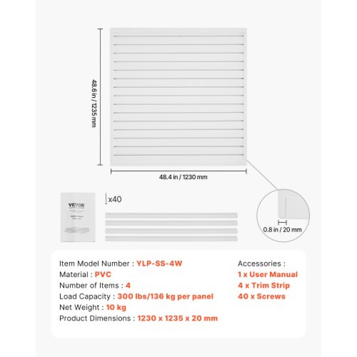 Επένδυση τοίχου VEVOR slat, 4 x 4 ft, PVC γκαράζ με δομοστοιχειωτή σχεδίαση, ρυθμιζόμενο πάνελ τοίχου λευκής πλάκας εύκολα στην εγκατάσταση με δομή ζεύξης & κοπή DIY, Ταιριάζει για αποθήκευση και οθόνη