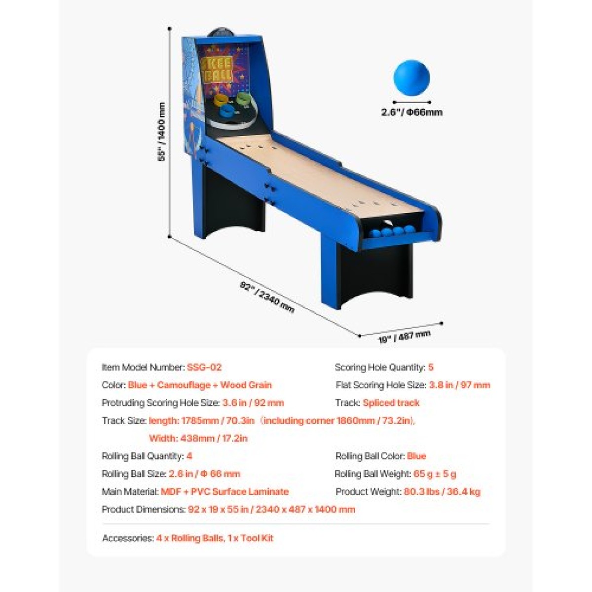 VEVOR 8' Roll and Score Classic Arcade Game Table, Arcade Machine Indoor με Ηλεκτρονικό Σκόρερ, Ήχος, Αυτόματη Επιστροφή Μπάλας για Ενήλικες Παιδιά Οικογενειακή αναψυχή παιχνιδιών Αίθουσα Σε 4 B όλα