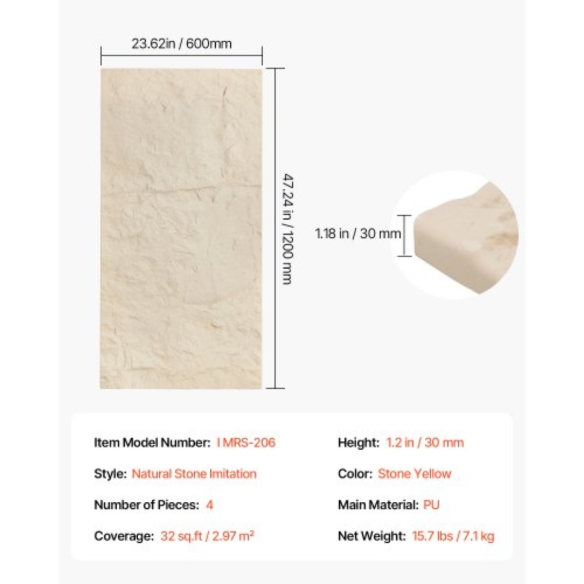 VEVOR 3D πάνελ τοίχου, 4 Pack 48 x 24 σε PU Πλακάκια τέχνης τοίχου απομίμηση φυσικής πέτρας, πάνελ τοίχου με κάλυψη 32 τετραγωνικών μέτρων, Εσωτερική διακόσμηση σπιτιού για οροφή, υπνοδωμάτιο, σαλόνι και gaming room, Stone Yellow