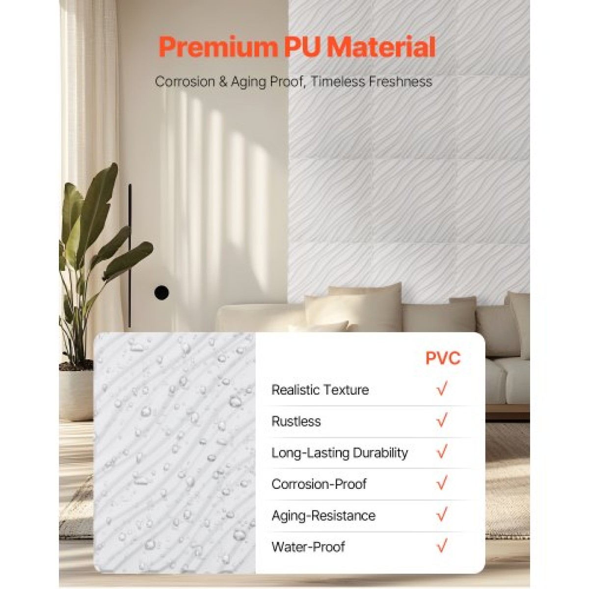 VEVOR 3D πάνελ τοίχου, 12-συσκευασία 19,7 x 19,7 σε PVC πλακάκια μινιμαλιστικών κυμάτων μοντέρνας τέχνης, πάνελ τοίχου κάλυψης 32 τετραγωνικών μέτρων, Εσωτερική διακόσμηση σπιτιού για οροφή, υπνοδωμάτιο, σαλόνι και αίθουσα παιχνιδιών, Λευκό ματ
