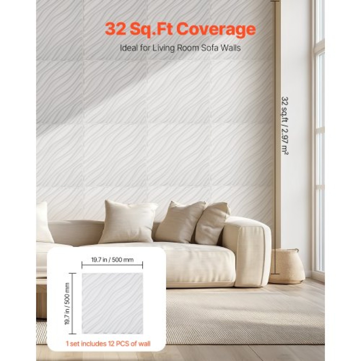 VEVOR 3D πάνελ τοίχου, 12-συσκευασία 19,7 x 19,7 σε PVC πλακάκια μινιμαλιστικών κυμάτων μοντέρνας τέχνης, πάνελ τοίχου κάλυψης 32 τετραγωνικών μέτρων, Εσωτερική διακόσμηση σπιτιού για οροφή, υπνοδωμάτιο, σαλόνι και αίθουσα παιχνιδιών, Λευκό ματ