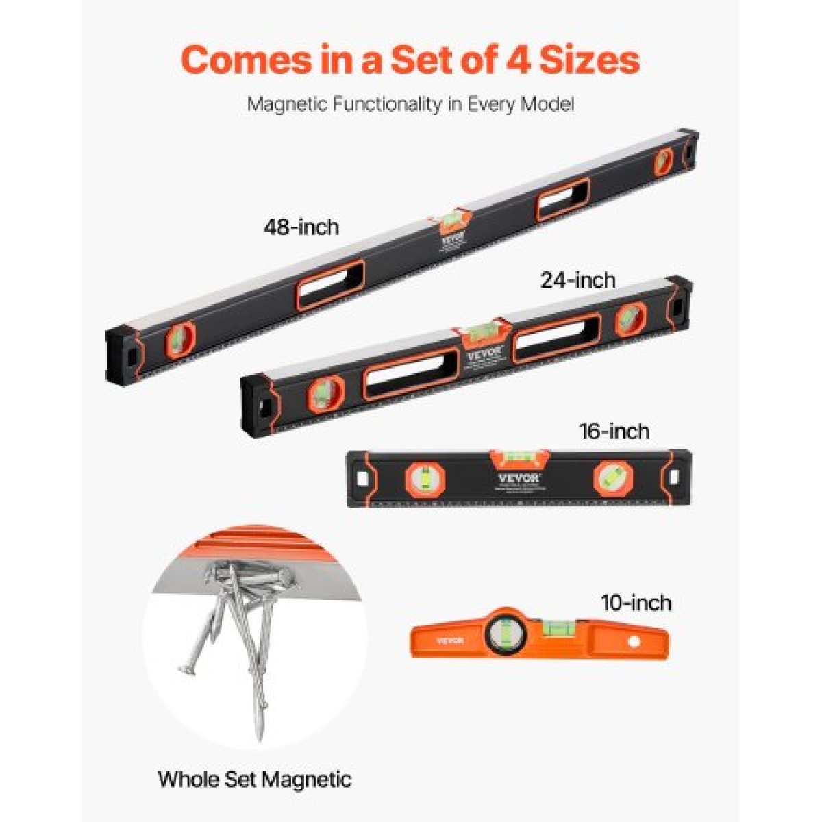 VEVOR 4-Piece Torpedo Level, 48/24/16/10 Inch All Magnetic Levels Set, Fluorescent Light Up Bubble Fials Ruler for 45/90/180 Degree, Magnetic Box Leveler Tool, SAE και μετρική ζυγαριά