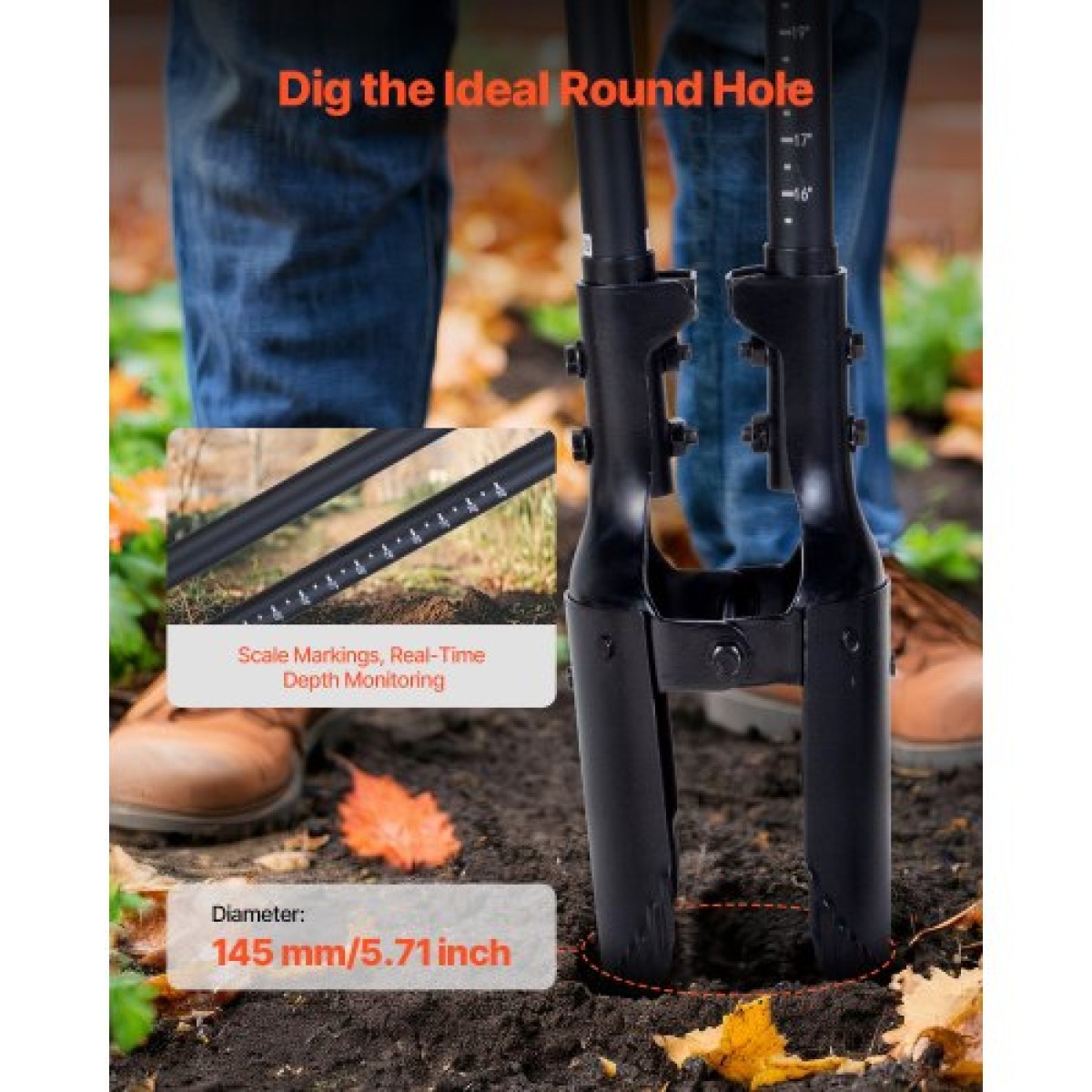 VEVOR Post Hole Digger, Heavy Duty Post Hole Digger με λαβή Fiberglass, Manual Hole Digger με σήμανση κλίμακας και μεταλλική λεπίδα, Post Hole Digger Tool για σκάψιμο κηπουρικής και εξωτερικού χώρου, 57,5 ​​ιντσών