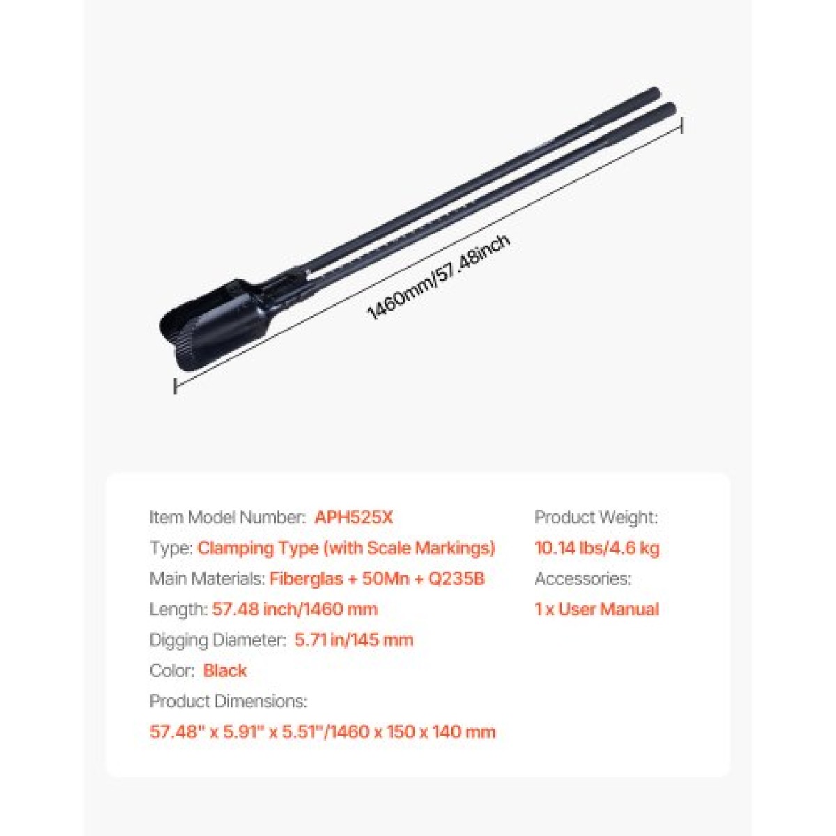 VEVOR Post Hole Digger, Heavy Duty Post Hole Digger με λαβή Fiberglass, Manual Hole Digger με σήμανση κλίμακας και μεταλλική λεπίδα, Post Hole Digger Tool για σκάψιμο κηπουρικής και εξωτερικού χώρου, 57,5 ​​ιντσών