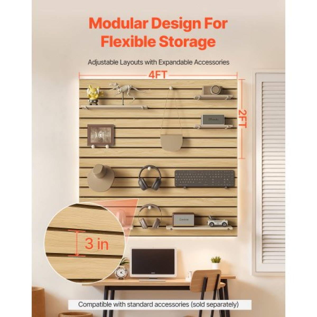 Επένδυση τοίχου VEVOR Slat, 4 x 4 πόδια, MDF Slatwall γκαράζ με αρθρωτή σχεδίαση, ρυθμιζόμενο πάνελ τοίχου από φυσικό πηχάκι εύκολα στην εγκατάσταση με δομή ζεύξης & κοπή DIY, Κατάλληλο για αποθήκευση και οθόνη