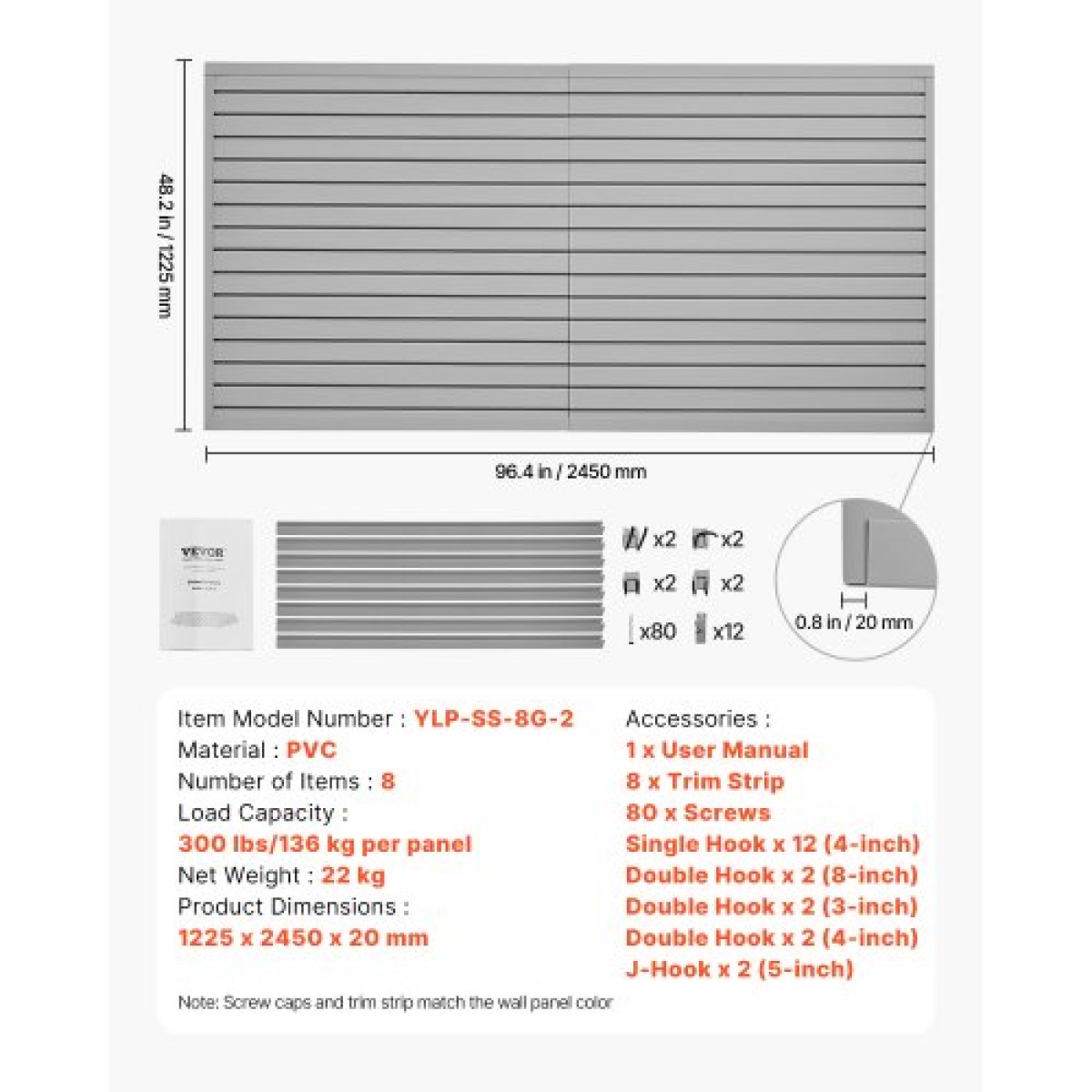 Επένδυση τοίχου VEVOR slat, 8 x 4 ft, PVC γκαράζ με αξεσουάρ, ρυθμιζόμενο πάνελ τοίχου σε γκρι πλάκα Εύκολη στην εγκατάσταση με δομή ζεύξης & κοπή DIY, Ταιριάζει για αποθήκευση και οθόνη