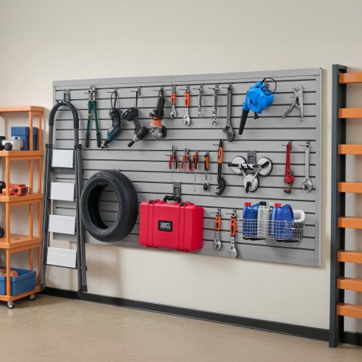 Επένδυση τοίχου VEVOR slat, 8 x 4 ft, PVC γκαράζ με αξεσουάρ, ρυθμιζόμενο πάνελ τοίχου σε γκρι πλάκα Εύκολη στην εγκατάσταση με δομή ζεύξης & κοπή DIY, Ταιριάζει για αποθήκευση και οθόνη