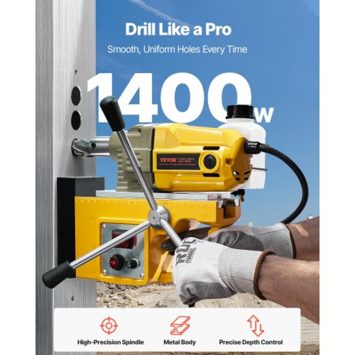 VEVOR Magnetic Drill, κινητήρας 1400W 1,6 in Boring Diameter, 2810 lbf Portable Electric Mag Drill Press, 800 RPM Ταχύτητα χωρίς φορτίο, Μηχανή διάτρησης για μεταλλική επιφάνεια, βιομηχανική και οικιακή βελτίωση