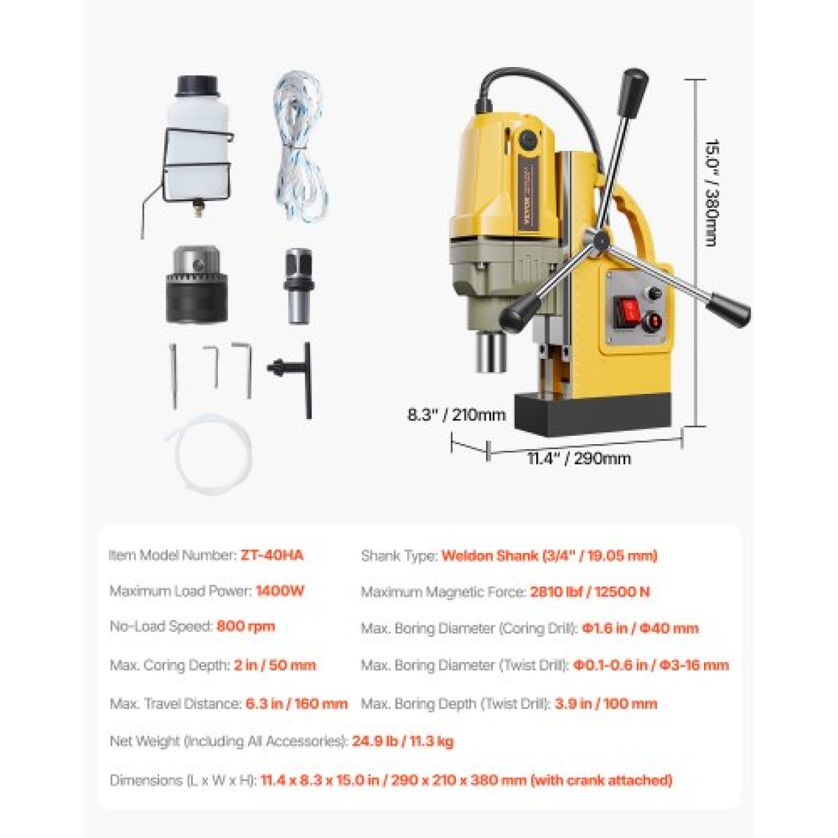 VEVOR Magnetic Drill, κινητήρας 1400W 1,6 in Boring Diameter, 2810 lbf Portable Electric Mag Drill Press, 800 RPM Ταχύτητα χωρίς φορτίο, Μηχανή διάτρησης για μεταλλική επιφάνεια, βιομηχανική και οικιακή βελτίωση