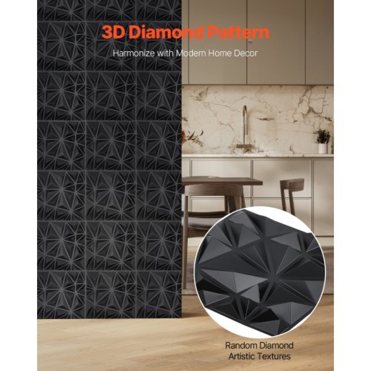 VEVOR 3D πάνελ τοίχου, 33-συσκευασία 11,81 x 11,81 σε PVC μοντέρνας τέχνης μινιμαλιστικά πλακάκια διαμαντιών, 2,97㎡ Κάλυψη πάνελ τοίχου με έμφαση, εσωτερική διακόσμηση σπιτιού για οροφή, υπνοδωμάτιο, σαλόνι και gaming δωμάτιο, ματ μαύρο