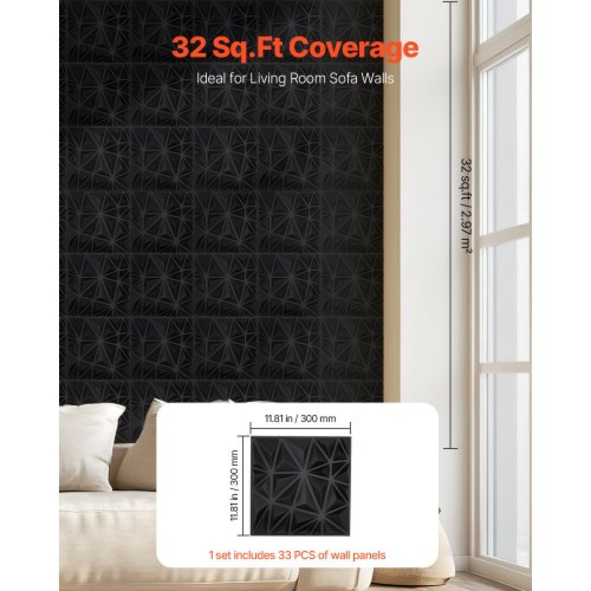 VEVOR 3D πάνελ τοίχου, 33-συσκευασία 11,81 x 11,81 σε PVC μοντέρνας τέχνης μινιμαλιστικά πλακάκια διαμαντιών, 2,97㎡ Κάλυψη πάνελ τοίχου με έμφαση, εσωτερική διακόσμηση σπιτιού για οροφή, υπνοδωμάτιο, σαλόνι και gaming δωμάτιο, ματ μαύρο