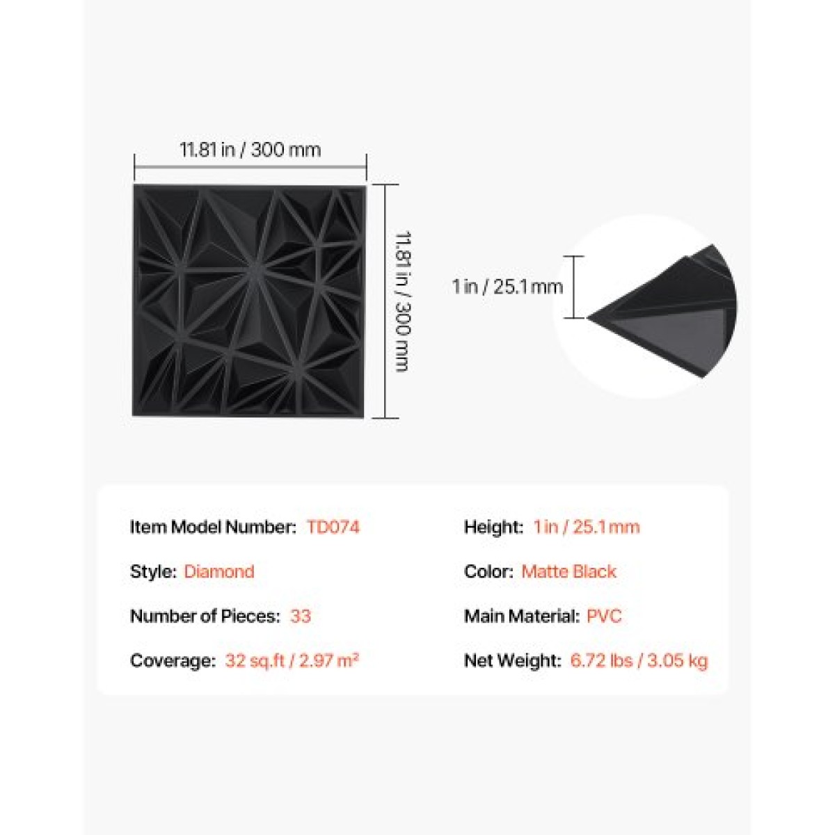 VEVOR 3D πάνελ τοίχου, 33-συσκευασία 11,81 x 11,81 σε PVC μοντέρνας τέχνης μινιμαλιστικά πλακάκια διαμαντιών, 2,97㎡ Κάλυψη πάνελ τοίχου με έμφαση, εσωτερική διακόσμηση σπιτιού για οροφή, υπνοδωμάτιο, σαλόνι και gaming δωμάτιο, ματ μαύρο