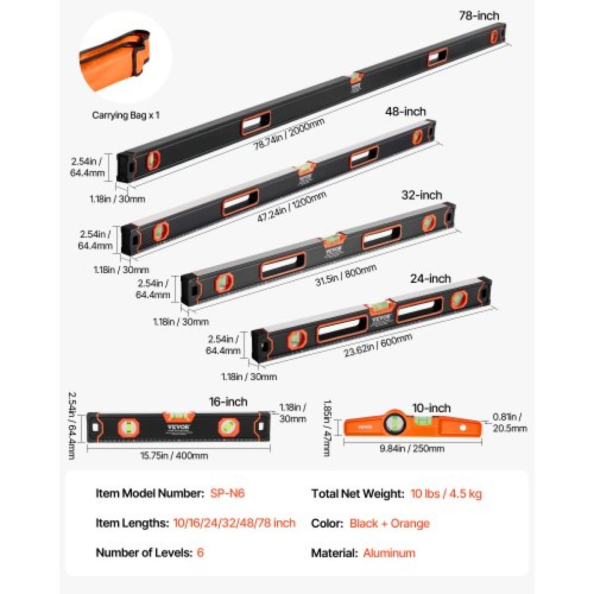 VEVOR 6-Piece Torpedo Level, 78/48/32/24/16/10 Inch Box Levels Set, Bubble Vials Ruler για 45/90/180 Degree, Αντικραδασμικό Εργαλείο Μαγνητικής Επιπέδωσης από Κράμα Αλουμινίου, SAE/Μετρική κλίμακα (μόνο με μαγνήτη 1)