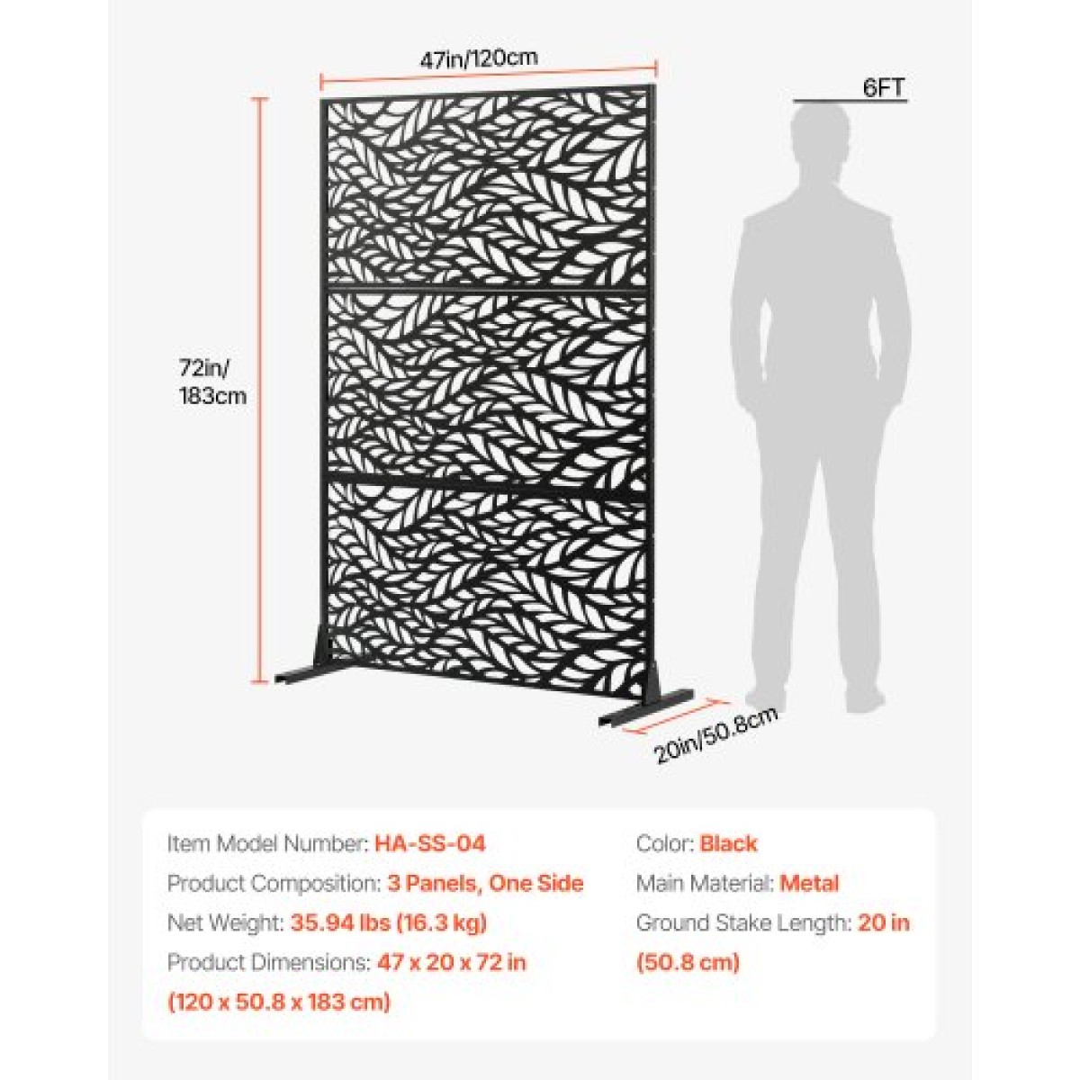 VEVOR Metal Privacy Screen, 47" W x 72" H, Εξωτερικές οθόνες & πάνελ Privacy, Ανεξάρτητο διαχωριστικό εξωτερικού χώρου με βάση, διακοσμητικός φράκτης κήπου με 3 πάνελ, χαλύβδινος φράχτης ιδιωτικότητας για μπαλκόνι Αίθριο Εσωτερικό δωμάτιο Μα