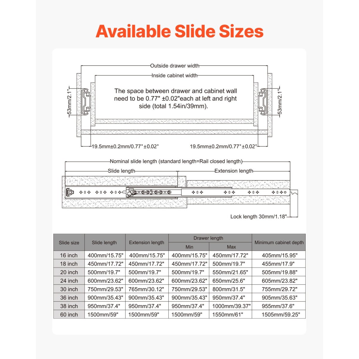 VEVOR 1 Pair Full Extension Slides συρταριών 16 18 20 24 30 35 37.4 59 24 32 36 40 48 60 in, 250 lbs Load Capacity Locking Slides συρταριών, ρουλεμάν με πλευρική βάση κλειδαριάς Drlideil