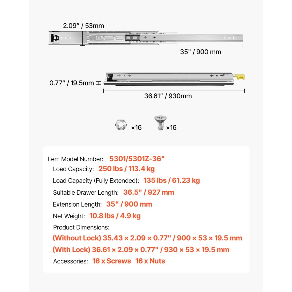VEVOR 1 Pair Full Extension Slides συρταριών 16 18 20 24 30 35 37.4 59 24 32 36 40 48 60 in, 250 lbs Load Capacity Locking Slides συρταριών, ρουλεμάν με πλευρική βάση κλειδαριάς Drlideil