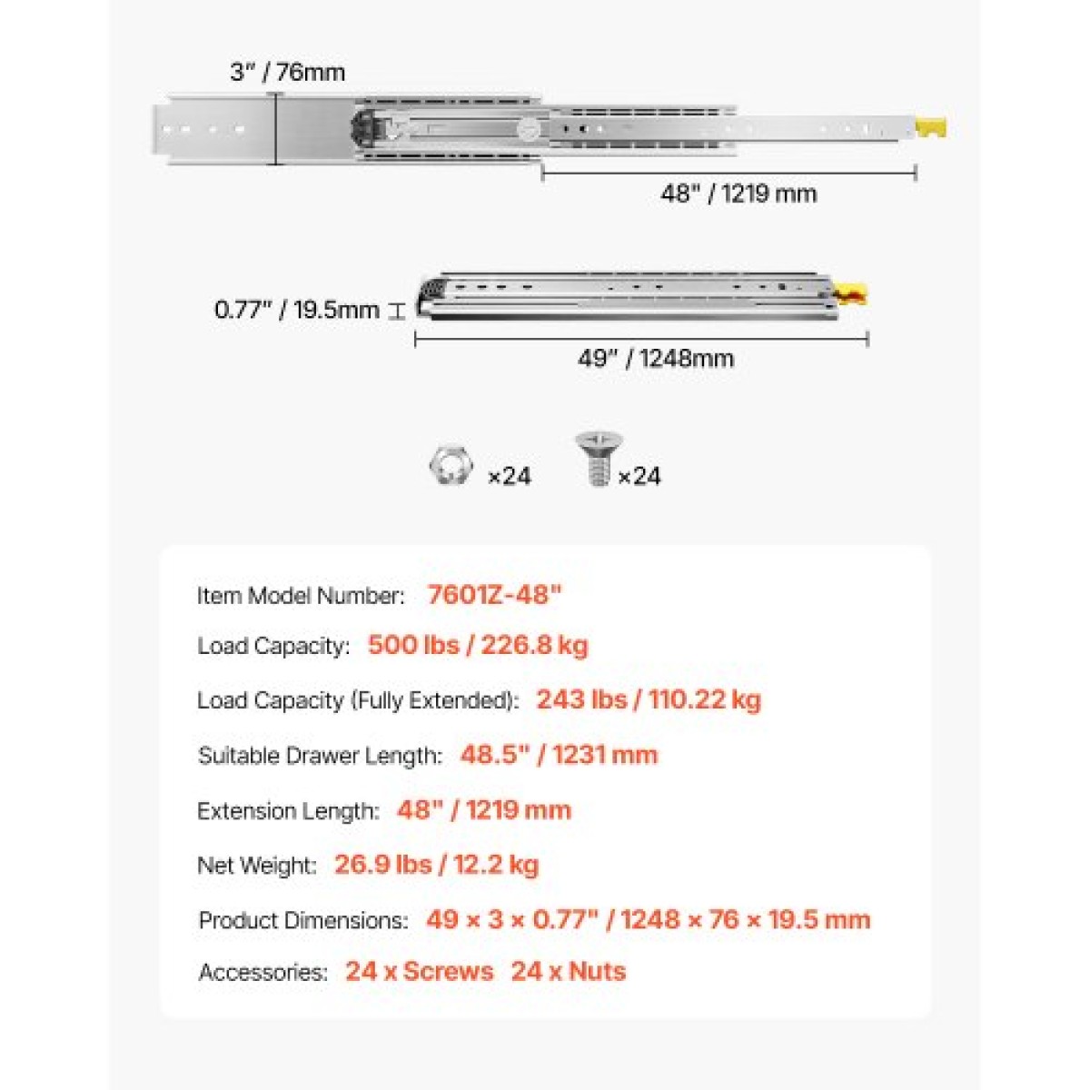 VEVOR 1 Pair Full Extension Slides συρταριών 18 20 22 28 30 32 36 38 40 44 48 52 56 60 in, 500 lbs Χωρητικότητα φορτίου Κλείδωμα συρταριών συρταριών, ρουλεμάν με πλευρική βάση κλειδαριάς Drail