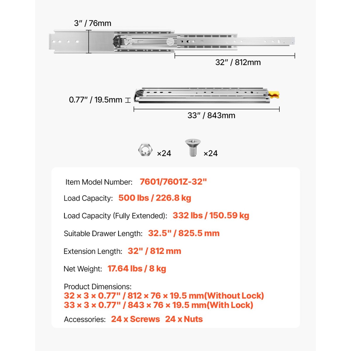 VEVOR 1 Pair Full Extension Slides συρταριών 16 18 20 24 30 35 37.4 59 24 32 36 40 48 60 in, 500 lbs Load Capacity Locking Slides συρταριών, ρουλεμάν με Lock Side Raunt Drlideil