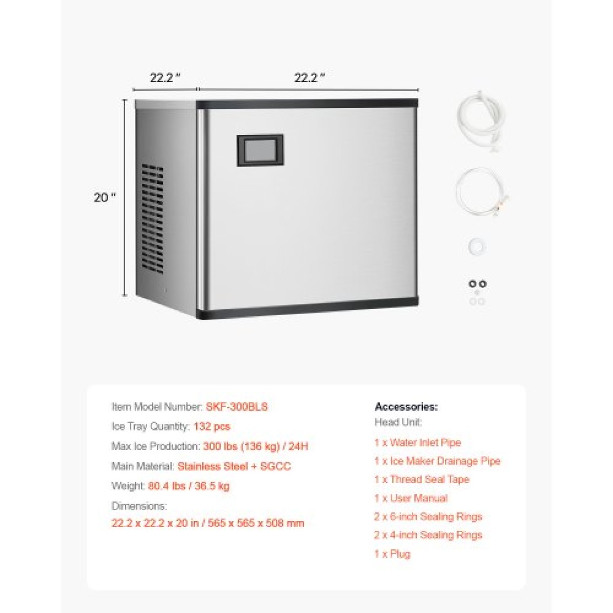 VEVOR Commercial Ice Maker 300 lbs/24 h Αυτοκαθαριζόμενη παγομηχανή - Μόνο κεφαλή