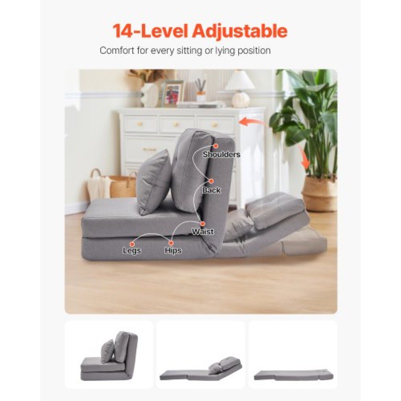 VEVOR Convertible Flip Chair, Καναπές Lazy ρυθμιζόμενου δαπέδου 5 θέσεων, Πτυσσόμενος καναπές κρεβάτι με επένδυση με ρυθμιζόμενο μεταλλικό πλαίσιο και μαξιλάρι, πτυσσόμενος καναπές-κρεβάτι Καρέκλα για σαλόνι υπνοδωμάτιο, γκρι