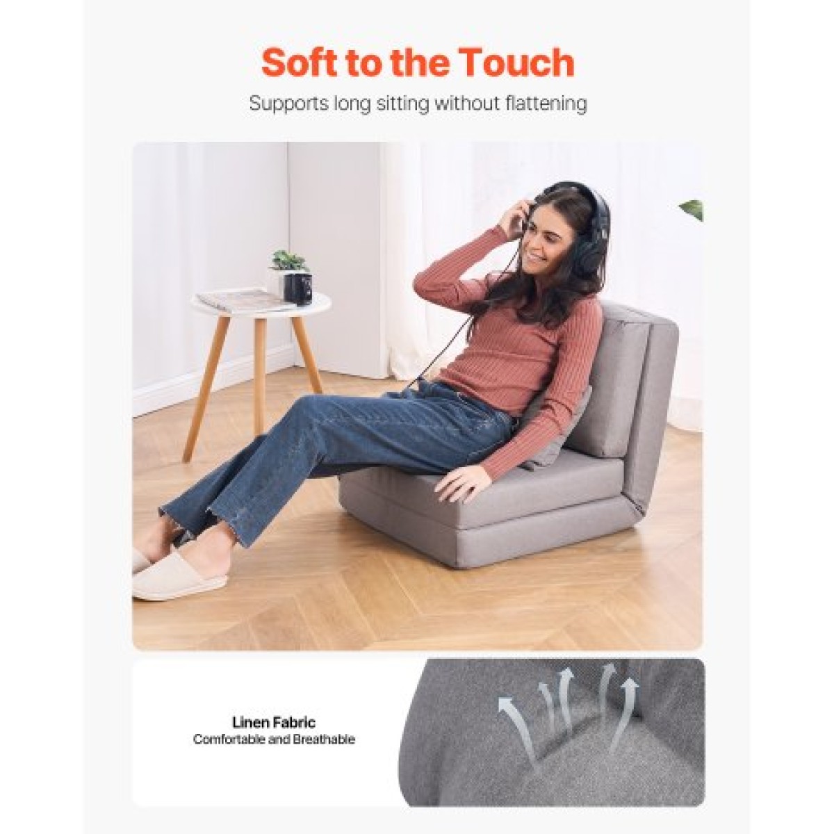 VEVOR Convertible Flip Chair, Καναπές Lazy ρυθμιζόμενου δαπέδου 5 θέσεων, Πτυσσόμενος καναπές κρεβάτι με επένδυση με ρυθμιζόμενο μεταλλικό πλαίσιο και μαξιλάρι, πτυσσόμενος καναπές-κρεβάτι Καρέκλα για σαλόνι υπνοδωμάτιο, γκρι