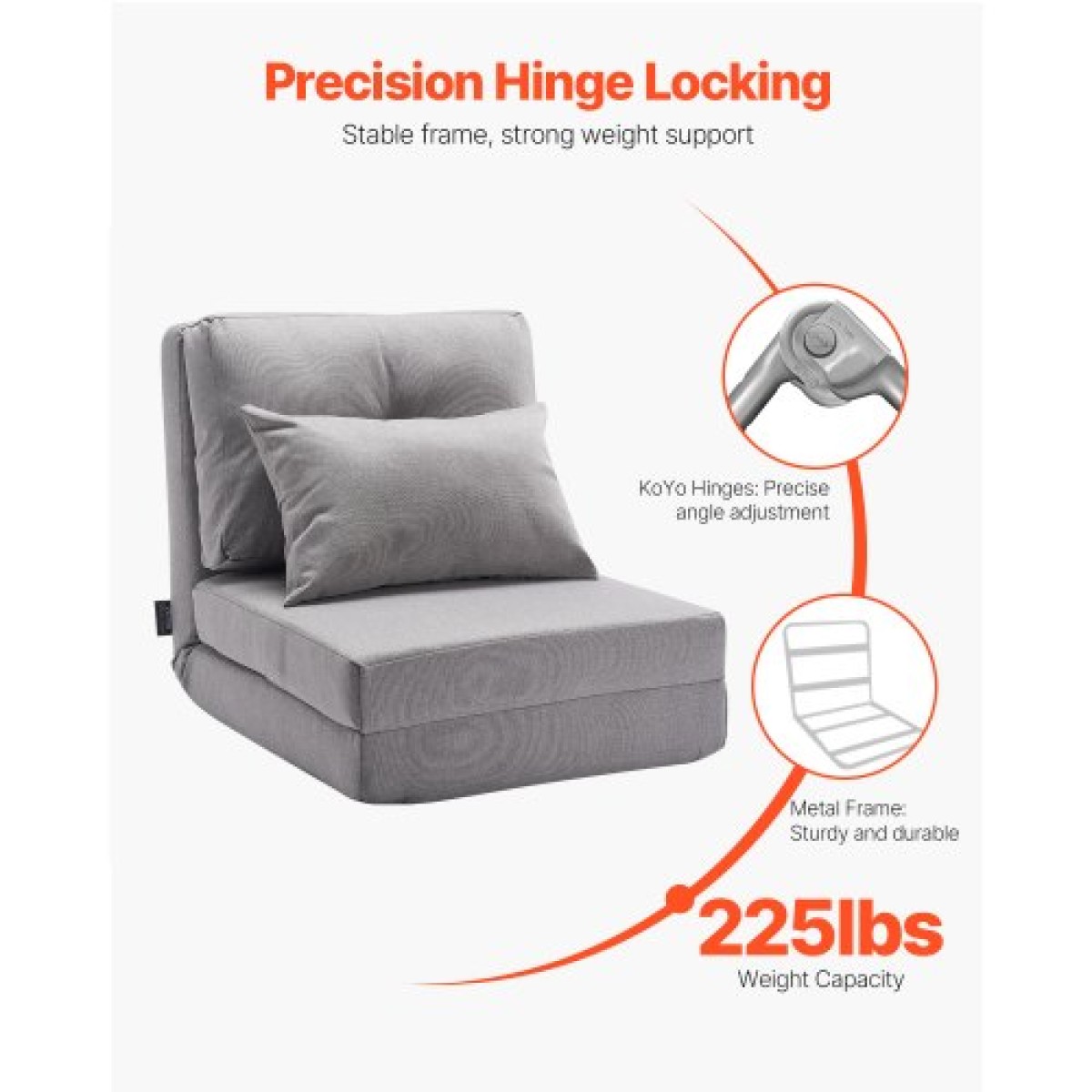 VEVOR Convertible Flip Chair, Καναπές Lazy ρυθμιζόμενου δαπέδου 5 θέσεων, Πτυσσόμενος καναπές κρεβάτι με επένδυση με ρυθμιζόμενο μεταλλικό πλαίσιο και μαξιλάρι, πτυσσόμενος καναπές-κρεβάτι Καρέκλα για σαλόνι υπνοδωμάτιο, γκρι
