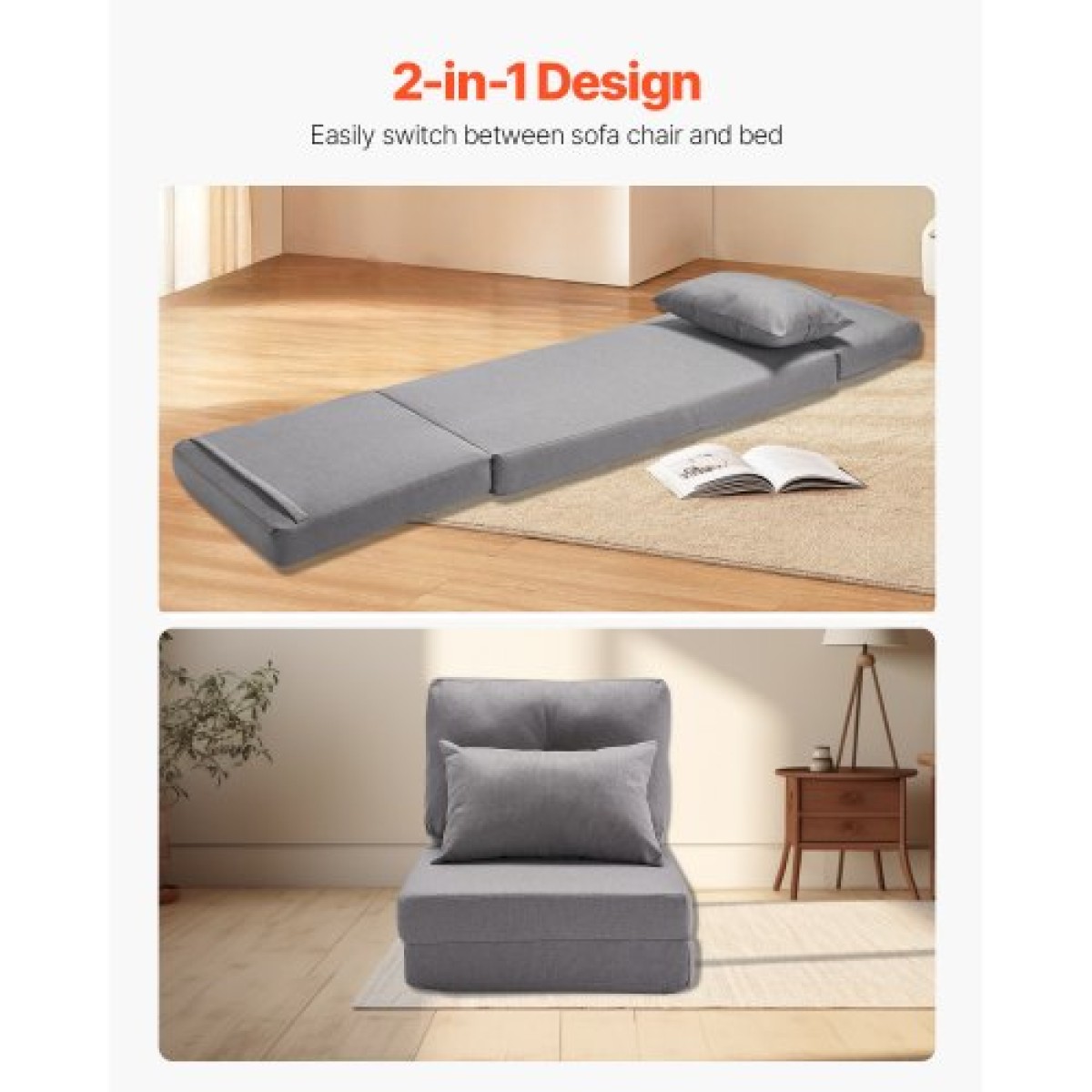 VEVOR Convertible Flip Chair, Καναπές Lazy ρυθμιζόμενου δαπέδου 5 θέσεων, Πτυσσόμενος καναπές κρεβάτι με επένδυση με ρυθμιζόμενο μεταλλικό πλαίσιο και μαξιλάρι, πτυσσόμενος καναπές-κρεβάτι Καρέκλα για σαλόνι υπνοδωμάτιο, γκρι