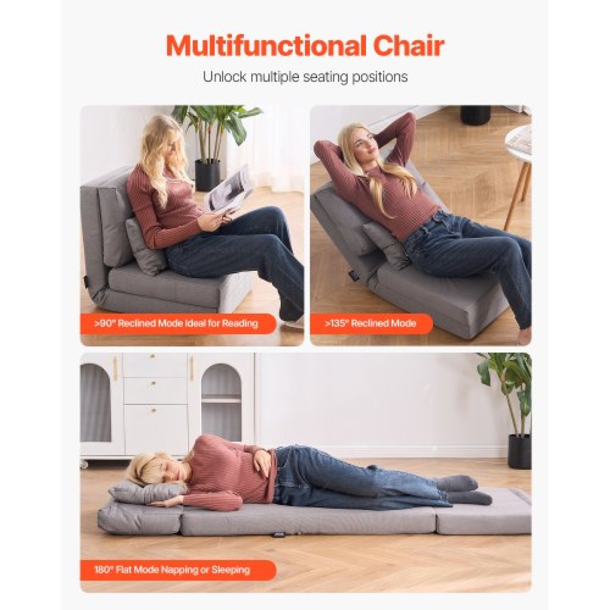 VEVOR Convertible Flip Chair, Καναπές Lazy ρυθμιζόμενου δαπέδου 5 θέσεων, Πτυσσόμενος καναπές κρεβάτι με επένδυση με ρυθμιζόμενο μεταλλικό πλαίσιο και μαξιλάρι, πτυσσόμενος καναπές-κρεβάτι Καρέκλα για σαλόνι υπνοδωμάτιο, γκρι