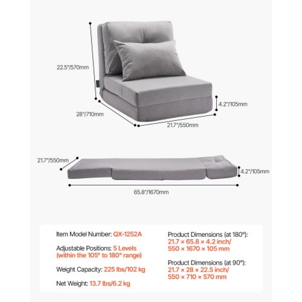 VEVOR Convertible Flip Chair, Καναπές Lazy ρυθμιζόμενου δαπέδου 5 θέσεων, Πτυσσόμενος καναπές κρεβάτι με επένδυση με ρυθμιζόμενο μεταλλικό πλαίσιο και μαξιλάρι, πτυσσόμενος καναπές-κρεβάτι Καρέκλα για σαλόνι υπνοδωμάτιο, γκρι